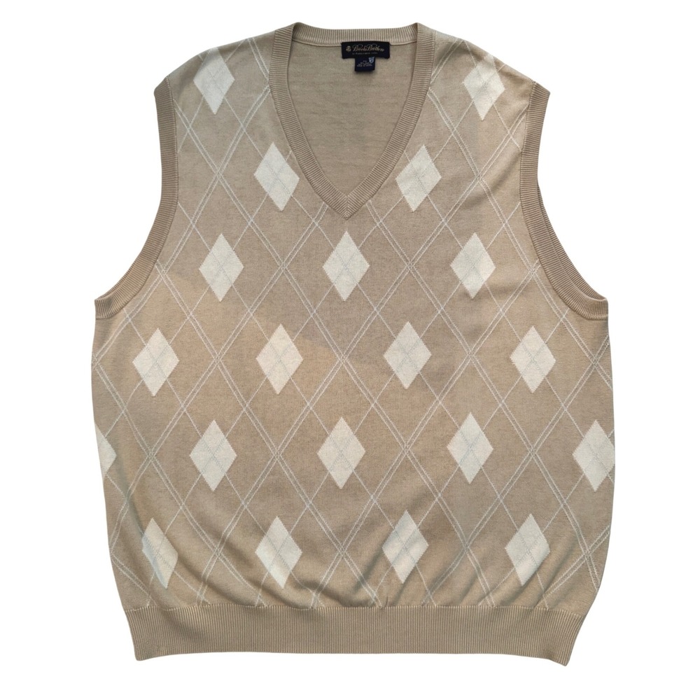 Brooks Brothers Argyle Sweater Vest Tan Cream V-Nek‎ Cotton XXL